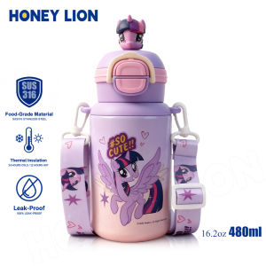 2-in-1 Dual Drink Kids Thermos 480ML - Straw & Direct Sip Modes - 12H Cold Retention Vacuum Bottle with Safety Lock for School- HoneyLion