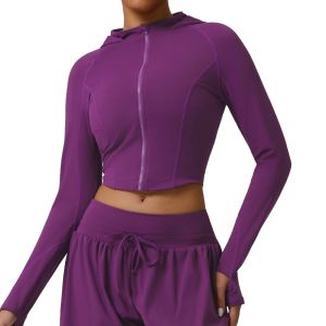 Womens Fitness Coat Hooded Cardigan Autumn Jacket Female Workout Yoga Long Sleeve Gym Running Training Sports Top