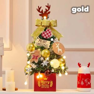 .Mini Christmas Tree Desktop With Lights Golden Red Christmas Tree Ornament 2022 New Year Home Party
