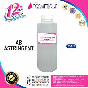 AB Astringent 250ml clear bottle with white cap for skincare use in beauty routines.