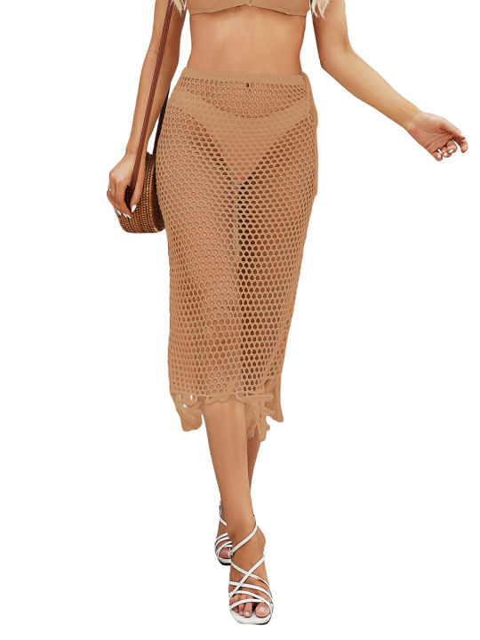 Women Knitted Bikini Cover Ups Summer Crochet Cutout Sheer High Waist  Sarong Skirt with Tassel for Beach Swimwear Lazada PH