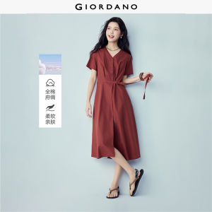 Giordano Women 100% cotton pleated v-neck belted midi dress Free Shipping 05466081