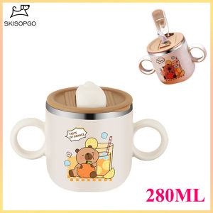 SKISOPGO Baby Training Cup 280ML 304 Stainless Steel Water Bottle with Straw Capybara Baby Drinking Cup