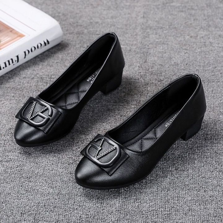 Women's work shoes black flat soft sole thick heel leather shoes
