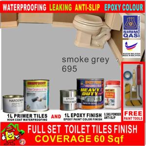 smoke grey 695 ( FULL SET EPOXY PAINT ) TOILET TILES FINISH / CAT EPOXY LANTAI / 1L PRIMER TILES AND 0.5 KG POWDER ANTI SLIP AND 1L EPOXY FINISH PAINT / COVERAGE 60 SQF