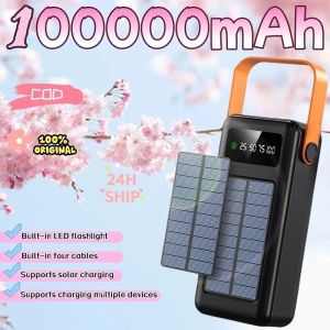 100000mAh 120W Solar Power Bank Portable Charger Fast Charging Built In Cables Flashlight Travel Outdoor