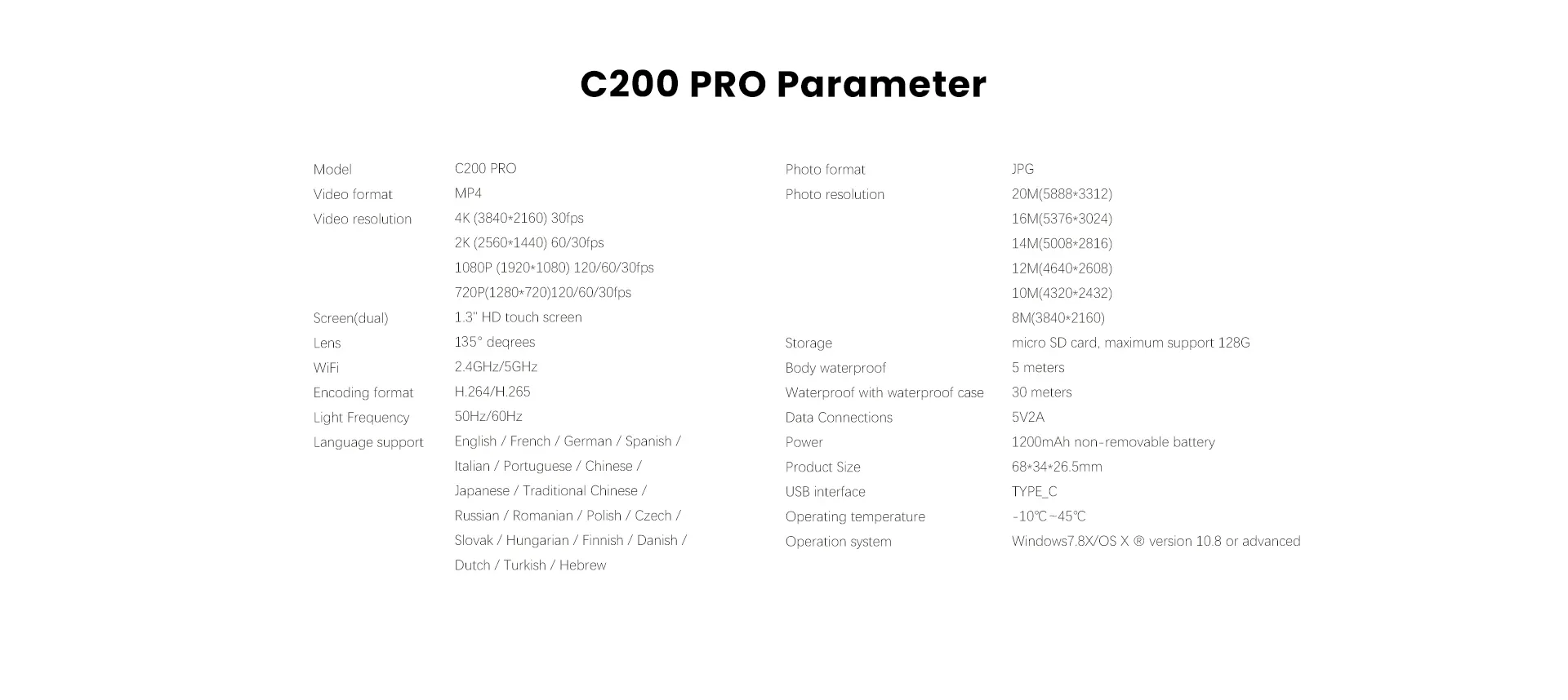 SJCAM C200PRO 4K กล้องแอคชั่น WiFi ขนาดเล็ก พร้อมหน้าจอ IPS 1.28 นิ้ว ยาว 5 เมตร กันน้ํา