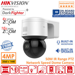 Hikvision DS-2DE3A404IWG-E 4MP 4X IR PoE Network PTZ Camera On-board Storage (up to 256GB) Built-in Mic Built-in Speaker Indoor & Outdoor Mini Speed Dome IP Camera NASHANTOO (No SD Card No Wifi Function)