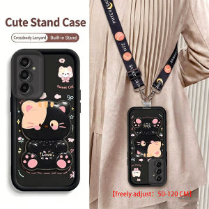 PBZZ Strap Crossbody Lanyard Case for samsung a14 4g a14 5g a14e a15 phone casing Softcase  silicone shockproof Cover aesthetic with holder black cute cat for girls JTGBMZJ4