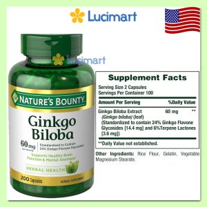 Viên uống hỗ trợ não Ginkgo Biloba 60mg Nature’s Bounty hũ 200 viên [Hàng Mỹ]