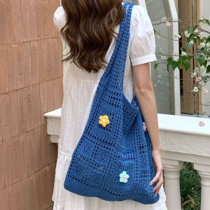 JACOOEQU Hollow Knitted Tote Bag Flower Large Capacity Woven  Beach Bag Casual Breathable Hollow Shoulder Bag Travel