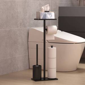 Floor Standing Roll Paper Holder with Storage Tray and Phone Stand Toilet Brush Holder Tissues Holder Bathroom Organizer