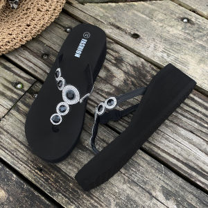 [Free Shipping] WomenS Summer Flip-Flops Versatile For Outdoor Wear Featuring Rhinestones A Trendy Design High Heels Waterproof Material And A Sophisticated Look With A Toe-Post And Wedge Heel