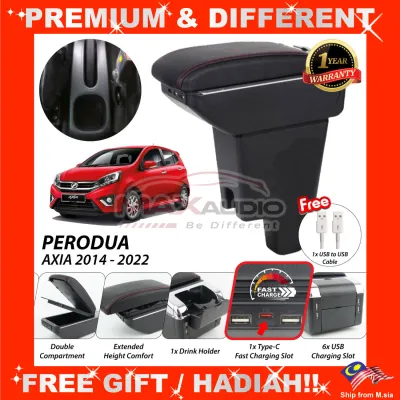 PERODUA AXIA 2014-2022 Armrest Premium Quality Adjustable Black Leather With Red Stitch Arm Rest USB Charger Extension & Cup Holder