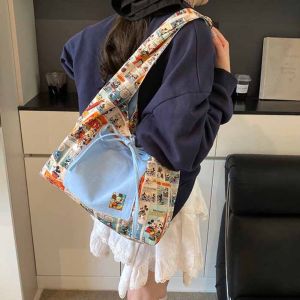 LANGJ แบบเกาหลี กระเป๋าเสื้อกั๊กสองด้าน ผ้า ย้อนยุค กระเป๋าโท้ตแบบแพทช์เวิร์ค แมตช์ได้ทุกชุด ความจุขนาดใหญ่ กระเป๋าสะพายลายการ์ตูนมิกกี้ ผู้หญิง