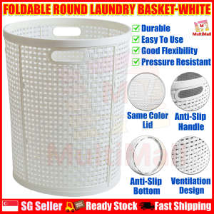 Foldable Round Laundry Basket White- Round Collapsible Plastic Hamper with Handle for Dirty Clothes in Bathroom and Bedroom Multifunctional Space Saving and Portable Easy Storage Organizer Bin for Toys Towels and Blankets