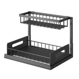 X ADORNMENT Slide Out Draw-out Cabinet Organizer Carbon Steel 2-Layer Pull Out Cabinet Organizer Durable Expandable Height Cabinet Storage Shelves for Kitchen Bathroom