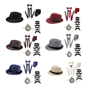 1920s Mens Costume Fedoras Hat Suspenders BowtieSuspenders Moustache Beard Halloween Cosplay Costume Accessories Set