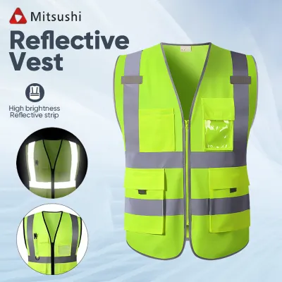 Mitsushi Reflective Safety Vest with 5 Pockets and Zipper High Visibility Motorcycle Jacket Breathable Mesh Construction Safety Vest Fluorescent Signal for Police Use