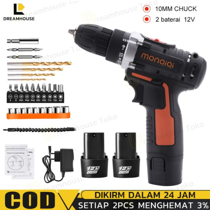 12V Mesin Bor Baterai Cordless Drill Bor 10MM bolak balik Bor baterai 1 ...