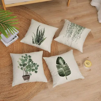 （HC)Green Plant Decorative Throw Pillowcase Linen Square Pillowcase Outdoor Sofa Home Bed Decoration Cushion Cover 50x50cm