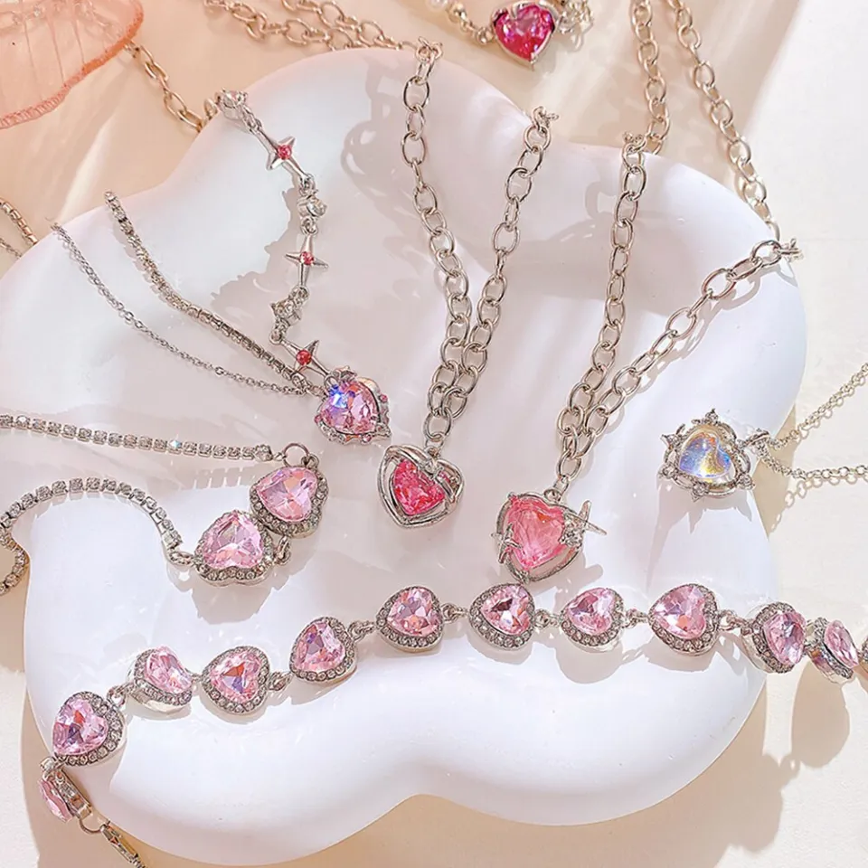 17KM Girlish Pink Heart Zircon Necklace for Women Girls Fashion