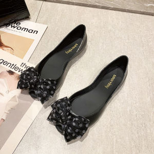 [Free Shipping] Womens Summer Jelly Shoes Transparent Peep-Toe Flat Non-Slip Versatile Beach Shoes Polka Dot Bow Plastic Sandals