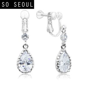 SO SEOUL Lic Crown Dangle Teardrop Diamond Simulant Cubic Zirconia Hoop Earrings