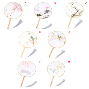 [Habilulu] Chinese Style Round Fan with Wooden Handle Portable Printed Vintage Fan