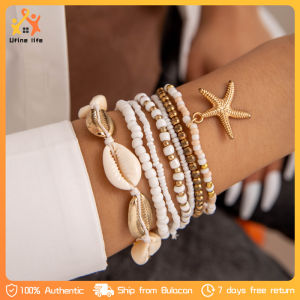 7pc Faux Pearl Decor Bracelet Bohemian Shell Beaded Woven Bracelet Beach Starfish Bracelet