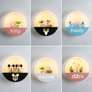 Cartoon Animal Round Trichromatic Light Wall lamps Childrens Room Bedroom Bedside Kitty Cat sconces lights Study Aisle Decorative Lighting