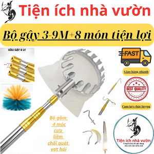 Gậy vợt hái trái cây trên cao tiện lợi kim loại siêu chắc đa năng 5m rút gọn 1m2 đa năng kèm bộ 8 món