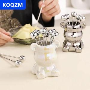 [COD] KOQZM 6PCS thép không gỉ tráng miệng dĩa với lưu trữ Jar Dễ thương Gấu đồ dùng cho bữa tiệc nếm món tráng miệng trái cây dưa salad trái cây