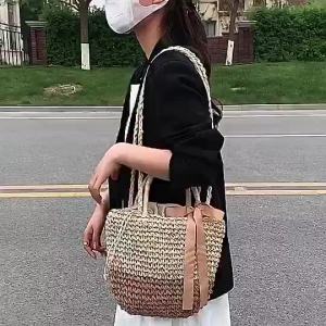 Yogodlns Summer Splicing Straw Women Bow Decors Shoulder Bag Large Capacity Beach Woven Bucket Crossbody Bag