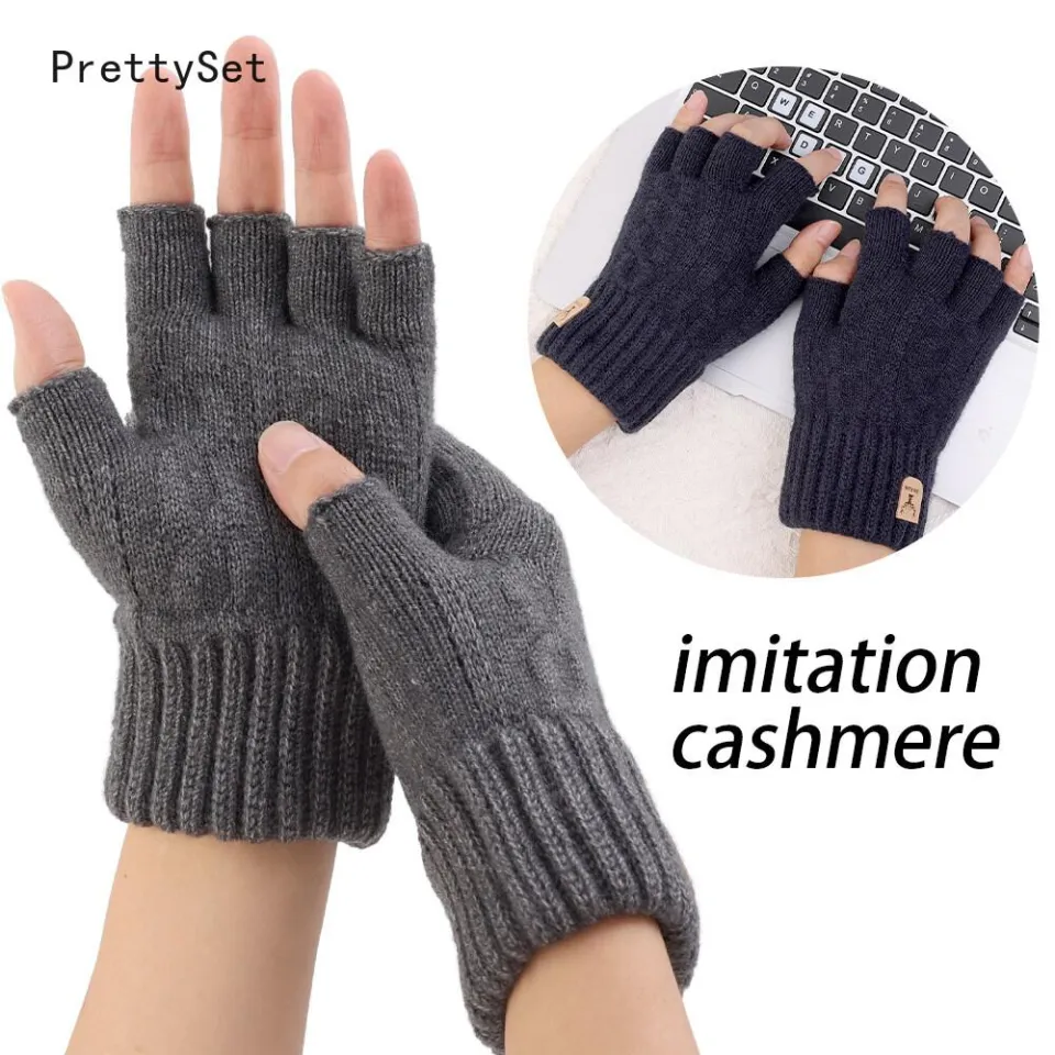 Knitted Thick Thermal Half Finger Gloves Women Men Winter Outdoor