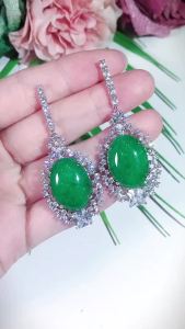 FCSEQUITO Classic Micro Cubic Zirconia Pave Oval Emerald Green Stone Drop Dangle Big Long Wedding Earrings for Bride SE459