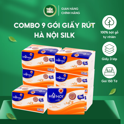Combo 9 Gói Giấy Ăn Rút Hà Nội Silk 150 Tờ x 3 Lớp Giá Mềm, Khăn Giấy 100% Gỗ Tự Nhiên Mềm Mại Bền Dai An Toàn Cho Bé