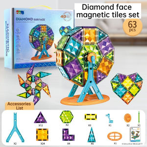 63/81/106pcs Magnetic Tiles Diamond  Face Magnetic Building Blocks Brilliant Educational Toy
