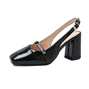 elegant 3 inch slide square toe leather block high heels for women