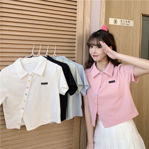 Kaos Polo Wanita Lengan Pendek Kaos Polos Ramping Pinggang Tinggi Atasan Pendek