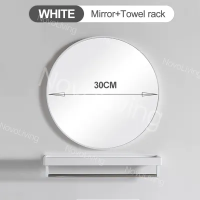 Novoliving Northern Europe Round Bathroom Mirror For Wall Decor with Shelf Matte Black Metal Frame Circle Vanity Mirror Wall Hanging Towel HD Waterproof Mirror