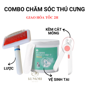 Bộ Dụng Cụ Chăm Sóc Thú Cưng Đa Năng - Bông Vệ Sinh Tai Lược Chải Lông Kềm Cắt Móng Có Đèn KUMORI