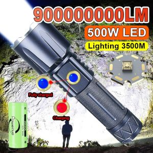 【White Laser light】500W LED flash lights rechargeable torch light powerful rechargeable USB High Power flashlights heavy duty emergency light zoomable flashlight waterproof original tactical flashlight work light camping lamp power bank torchlight hiking