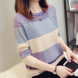 Womens Sweater Striped Stitching Knitted Sweater Pullover Shirt