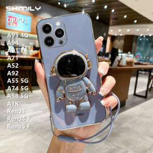 For OPPO A93 4G A94 A91 A71 A52 A92 A55 5G A74 5G A58 5G A1K Reno3 Reno4 F Reno5 F Stylish Cool Personality Luxury Astronaut Stand Mobile Phone Case Soft Silicone Shock Proof Electroplated Mobile Phone Cover + Hand Rope
