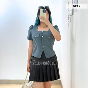 6126 Squilla Button Shirred Square Neck Crinkle Crop Top Blouse Atasan Wanita