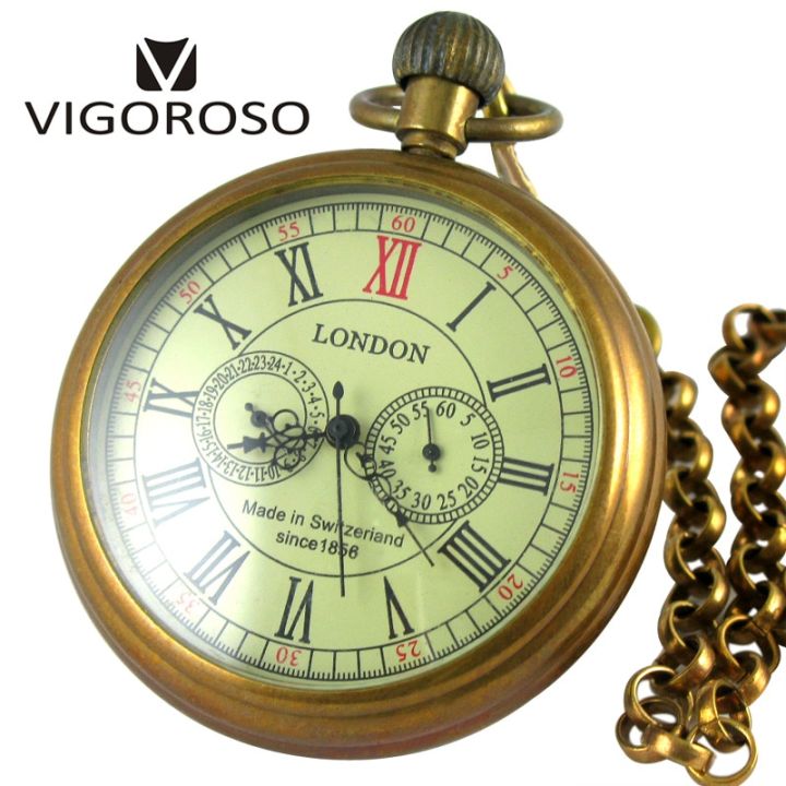 VIGOROSO Collectible Antique Old Copper Mechanical Pocket Watch FOB Chain Hand Winding Roman numerals 12 24 Hours Vintage Clock Lazada PH