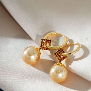 Fashionable Ring Gift 美拉德香槟色珍珠耳环女轻奢高级感时尚满钻耳扣气质优雅网红耳饰