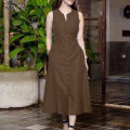 ZANZEA Women's Vintage Sleeveless V-Neck Plain Midi Dresses Casual Loose Front Slit Sundress Red Dress #8. 