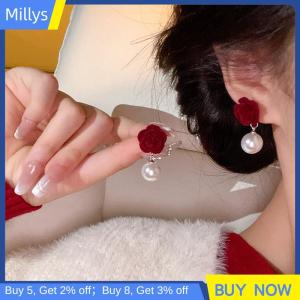 Millys ต่างหูมุกสีแดงดอกกุหลาบสีไวน์แบบย้อนยุคตุ้มหูสำหรับงานแต่งงานต่างหูเครื่องประดับตรุษจีน